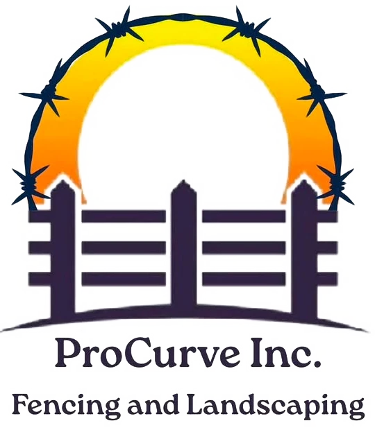 ProCurve Inc. Fencing and Landscaping logo: a rail fence in front of a rising sun with barbed wire over the top